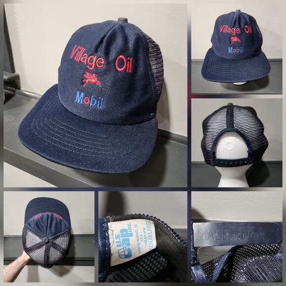 VTG 80s Village Oil Mobil Gas Pegasus 1980s Snapback Mesh Trucker Hat Cap USA - Picture 1 of 15